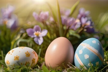 Fototapeta premium Three colorful Easter eggs are placed in the grass, with vibrant flowers in the background