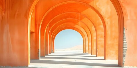 Vibrant orange arched hallway with columns leading to a sunny desert. Concept Architecture, Interior Design, Arched Hallways, Columns, Desert Landscapes