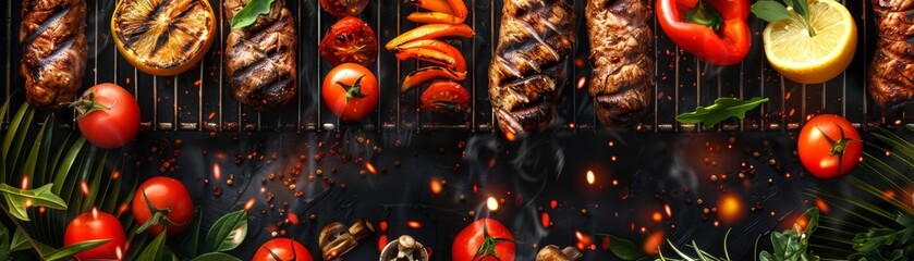 Barbecue grill with food, summer party, mouthwatering