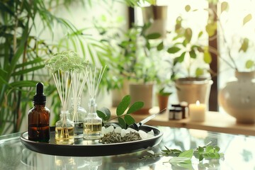 Aromatic essential oils, dried herbs, and glass dropper bottles on a tray, surrounded by lush green plants in a bright, natural setting.