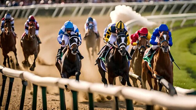 Group of Horses Racing Down Race Track Generative AI