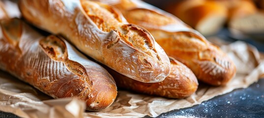 Fresh baguettes on craft paper, close up of delicious french breakfast with traditional bread