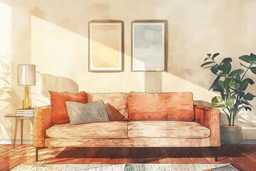 Cozy living room with a peach-colored sofa, decorative pillows, framed wall art, and a potted plant. Warm sunlight adds a comforting ambiance.
