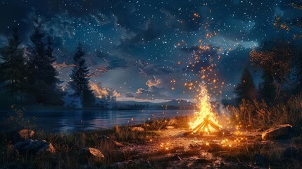 Bonfire on a camping trip, starry night, cozy and nostalgic