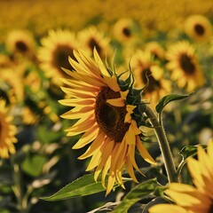 A close-up of a sunflower field, with one flower in full focus against a sea of yellow. Generative ai	