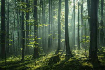 Green forest with beech trees, during spring time, with sun light and shadows, in a morning misty atmosphere.