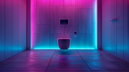 Modern bathroom with neon lighting in pink and blue during night.