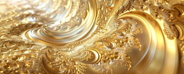 Abstract fractal art in shimmering gold tones, blending intricate swirls and detailed patterns, evoking a sense of luxury and elegance.