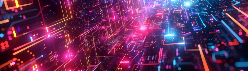 Obraz premium Abstract futuristic circuit board with glowing neon lights showcasing advanced digital technology and innovation.
