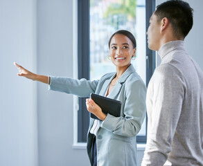 Woman, man and consultation in home for real estate sale with investment goals and moving or...