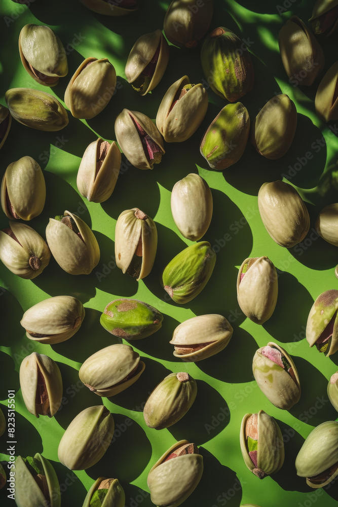 Wall mural Pistachios on Green Background with Dramatic Shadows Highlighted in Natural Light