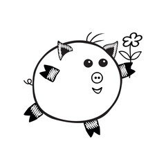Black Vector piggy fat boy running with a flower on a white background for coloring book for children