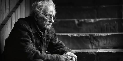 Elderly Man Sitting on Steps Contemplating Life in Black and White