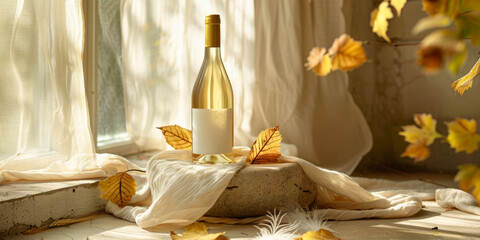 Elegant Wine Bottle on Stone Pedestal with Autumn Leaves in Sunlit Room