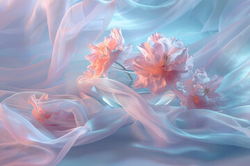 Delicate Pink Flowers with Flowing Silk Chiffon in Soft Pastel Tones
