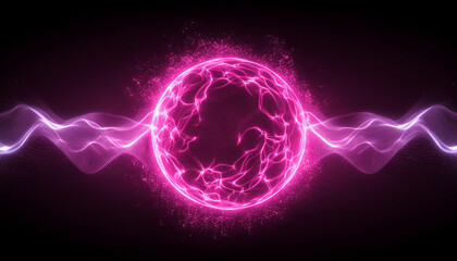 Neon energy sphere of particles and waves of magical glowing. Abstract round shape.