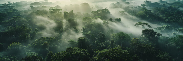 Misty Tropical Rainforest Canopy at Sunrise   Aerial View of Lush Green Amazon Jungle