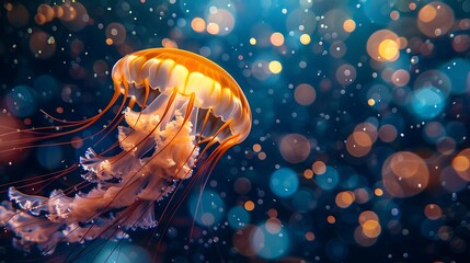 A golden jellyfish floats in a dark blue ocean, surrounded by bubbles.