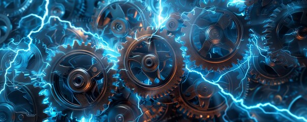 Close-up of interconnected gears with electric sparks, symbolizing technological advancement, energy, and industrial innovation.