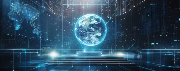 Obraz premium Futuristic digital earth hologram in a high-tech virtual space
