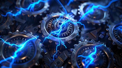 Close-up of metallic gears with electric currents. Industrial machinery illustrating technology, power, and mechanical engineering.