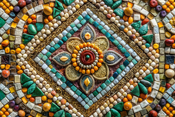 Create a stunning mosaic masterpiece with square shaped pebbles and glass pieces, using a mix of vibrant and muted colors for a unique and eye-catching effect