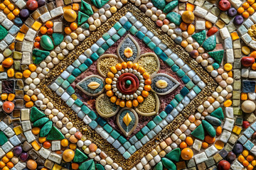 Fototapeta premium Create a stunning mosaic masterpiece with square shaped pebbles and glass pieces, using a mix of vibrant and muted colors for a unique and eye-catching effect