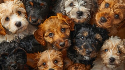 Depict a puppy socialization class, with various breeds of puppies interacting and learning from each other, Close up