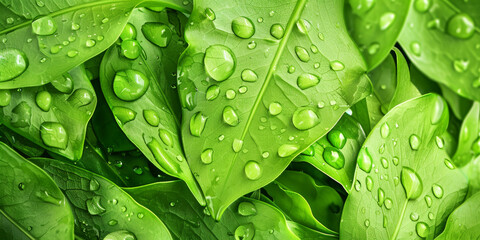 Fototapeta premium Vibrant Green Leaves with Water Droplets After Rain Nature, Fresh, Refreshing, Dew, Foliage