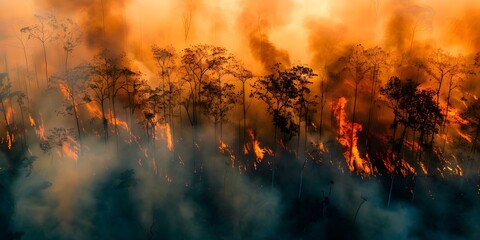 Amazon rainforest fire threatens biodiversity climate change and global environmental impact. Concept Amazon Rainforest, Biodiversity, Climate Change, Environmental Impact, Deforestation