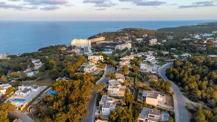 Aerial view of Magaluf, a seaside resort town on Majorca in the Balearic Islands, Spain