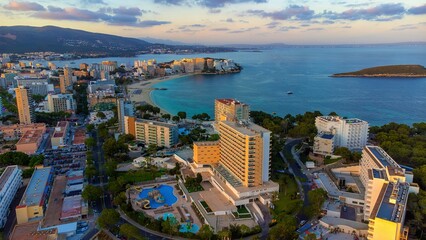 Aerial view of Magaluf, a seaside resort town on Majorca in the Balearic Islands, Spain