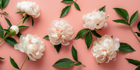 Elegant White Peonies on a Soft Pink Background with Green Leaves   Perfect for Spring and Floral Themes