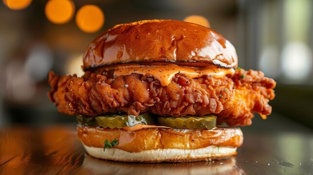 Depict a spicy chicken sandwich with a crispy fried chicken breast, spicy mayo, and pickles on a brioche bun, Close up