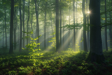 Fototapeta premium Green forest with beech trees, during spring time, with sun light and shadows, in a morning misty atmosphere.