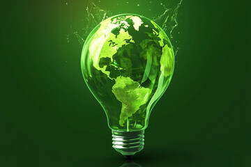 Light bulb with continents shaped like Earth on a green glowing background
