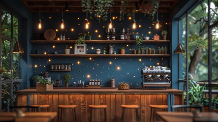 Stylish cafe interior with wooden furniture, hanging lights, and green foliage, evoking a cozy ambiance