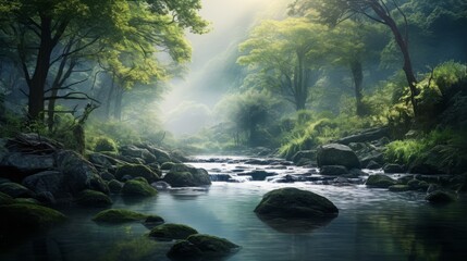 Peaceful forest stream with sunlight filtering through trees, creating a serene and calming natural landscape perfect for relaxation and meditation.