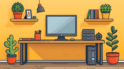 Office Desk Setup: A well-organized office desk with a computer, stationery, and other work essentials