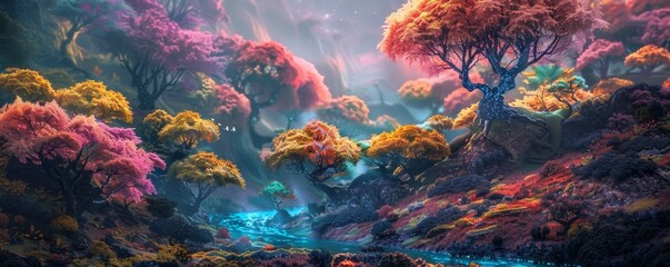Enchanting fantasy forest with colorful trees and a glowing river, creating a magical and surreal atmosphere in nature.