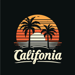 vector palm and sunset with california text. t-shirt design concept. black background
