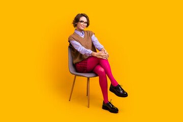 Photo portrait of attractive young woman sit chair confident pose dressed retro office clothes...