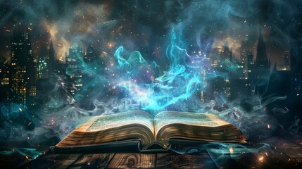 Mystical Open Book Emanating Radiant Celestial Energies in a Captivating Cosmic Realm of Wonder and Imagination This surreal and visionary image depicts an open book glowing with mysterious arcane pow
