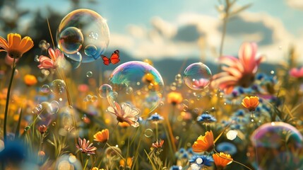 Depict a whimsical scene of bubbles floating over a meadow filled with wildflowers, with butterflies flitting among them, Close up