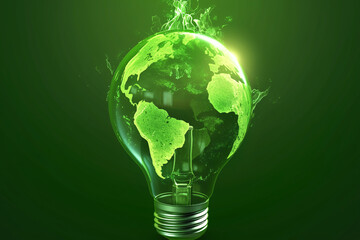 Green light bulb with Earth continents on a green glowing background