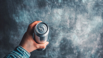 Photo of hand holding a soda's silver can mock-up against a concrete grey background