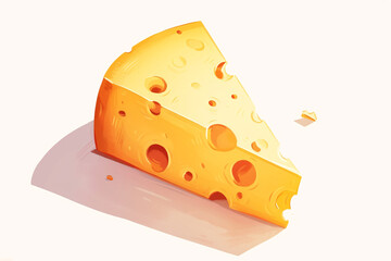detailed slice of Swiss cheese with visible holes and a small piece broken off on a white surface
