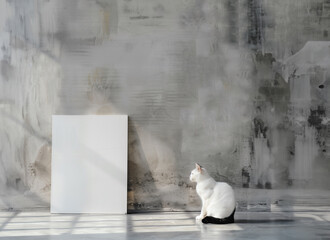 Clean empty canvas on concrete wall. White cat.