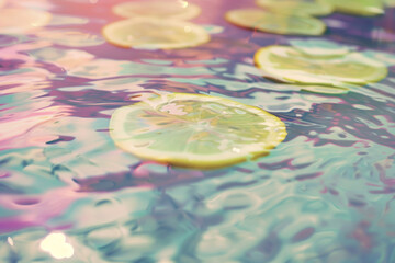 Fresh Lemon Slices Floating on Colorful Water Surface in Elegant Summer Vibes