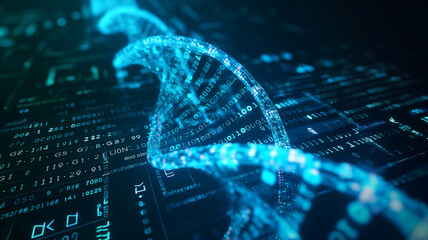 A digital representation of a DNA strand with binary code and data streams, highlighting the intersection of genetics and technology in a futuristic style.
